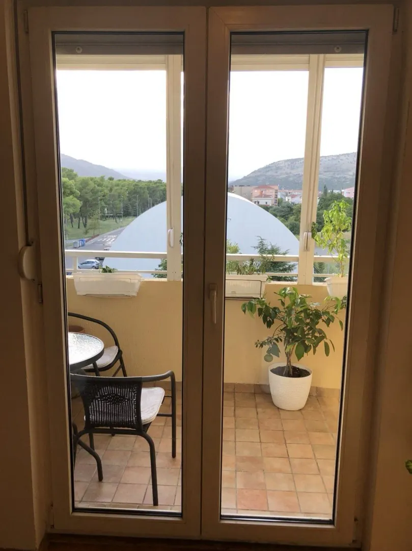 View of surrounding greenery and buildings from the terrace through balcony doors.