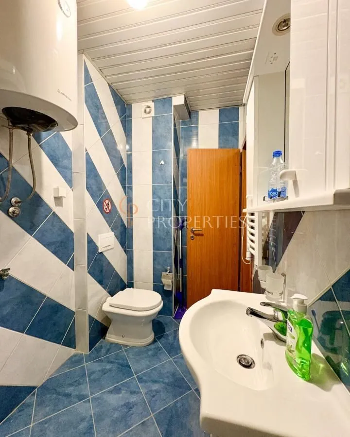 Bathroom with blue and white tiles, a sink, and a toilet.