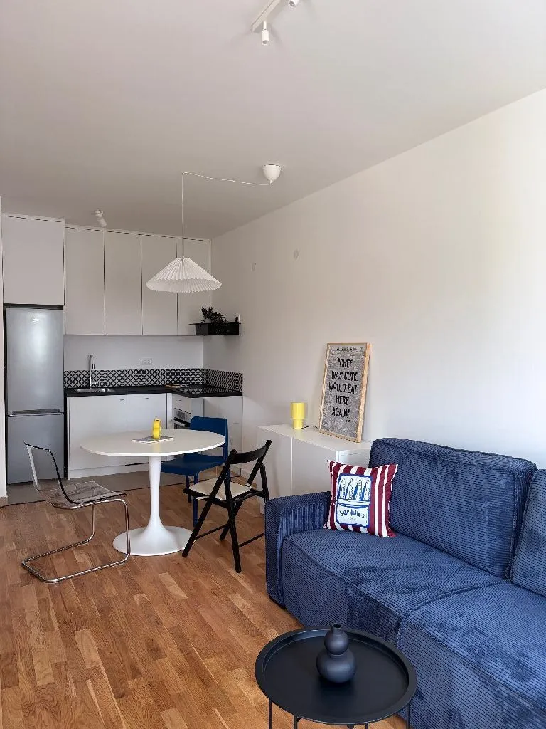 Living room with kitchen and dining area in modern style.