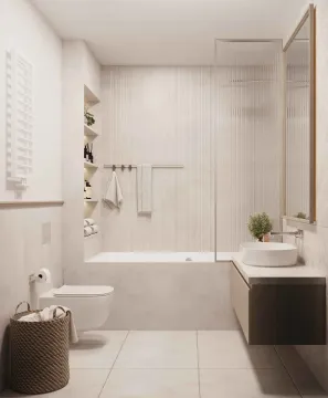 Moderne kupatilo u neutralnim tonovima sa kadom, tuš paravanom i konzolnom wc šoljom. - image 10