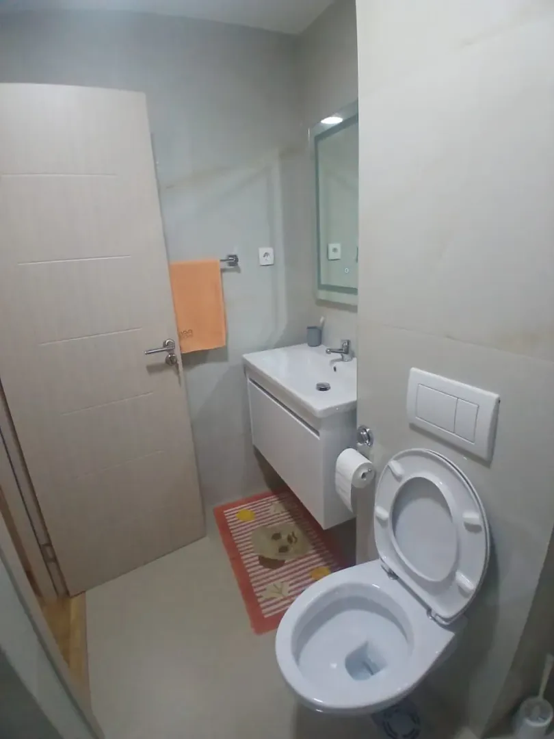 Moderno opremljeno kupatilo sa sanitarijama i umivaonikom.