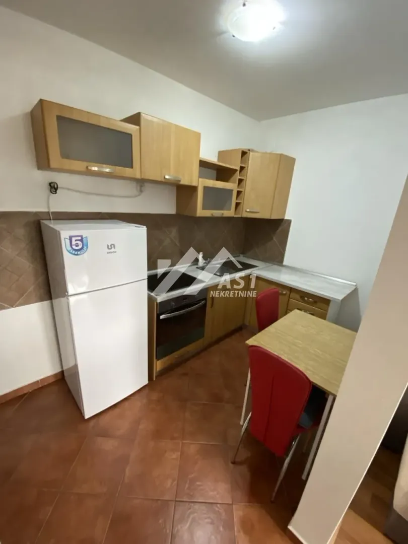 Manja kuhinja sa drvenim elementima, frižiderom i trpezarijskim stolom sa crvenim stolicama.