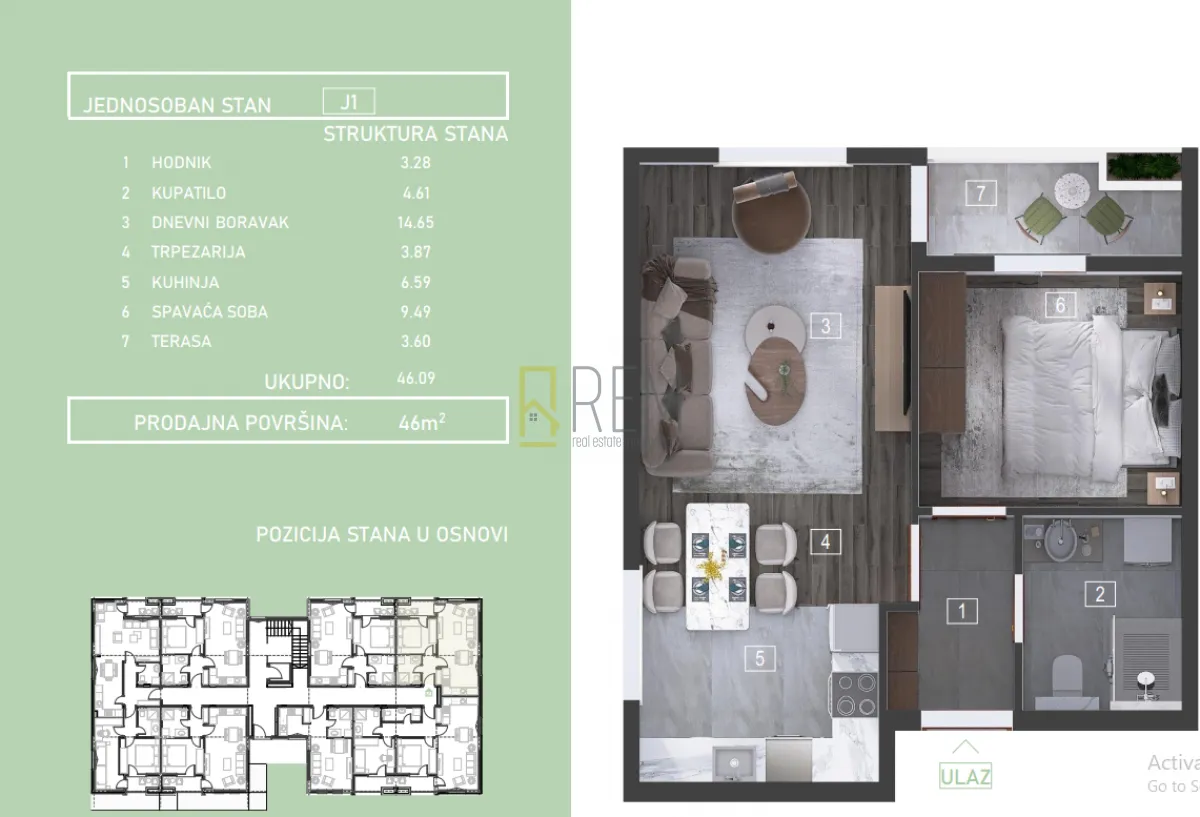 Prodaja, jednosoban stan, 46m², Zabjelo, Podgorica