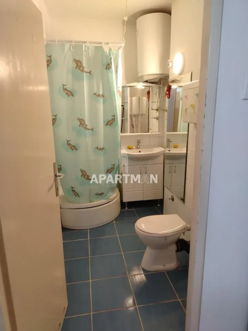 Manje kupatilo sa tuš kabinom, umivaonikom i wc šoljom.