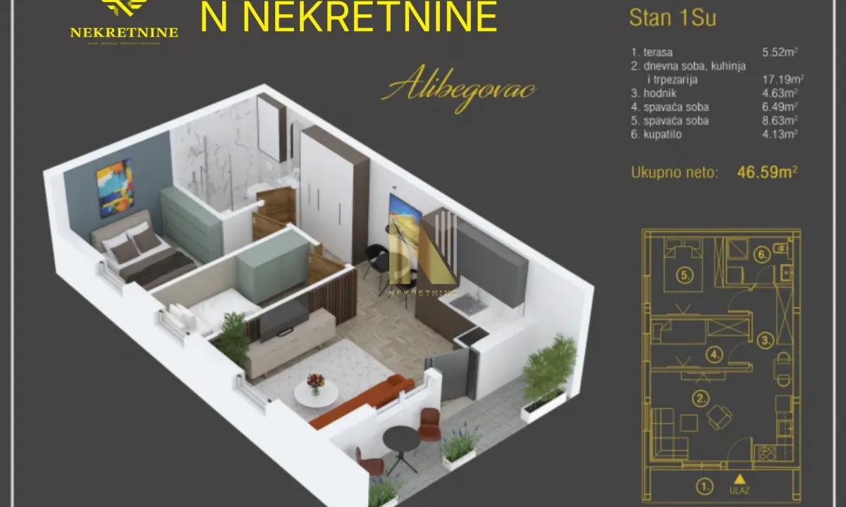Sale, two bedroom apartment, 47m², Alibegovac, Petrovaradin