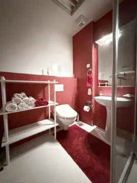 Modern bathroom with a toilet, washbasin, shower cabin, and towel shelf. - image 14