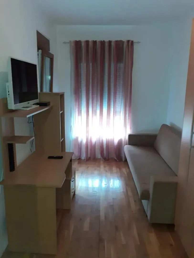 Svijetla manja soba sa kaučem i radnim stolom sa televizorom.