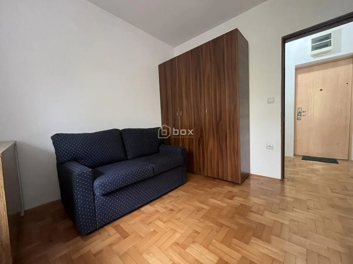 Smaller living room with a dark blue sofa and a wooden wardrobe.