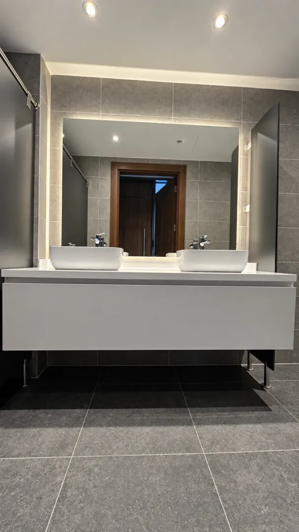 Modern bathroom with double sinks and a large mirror.