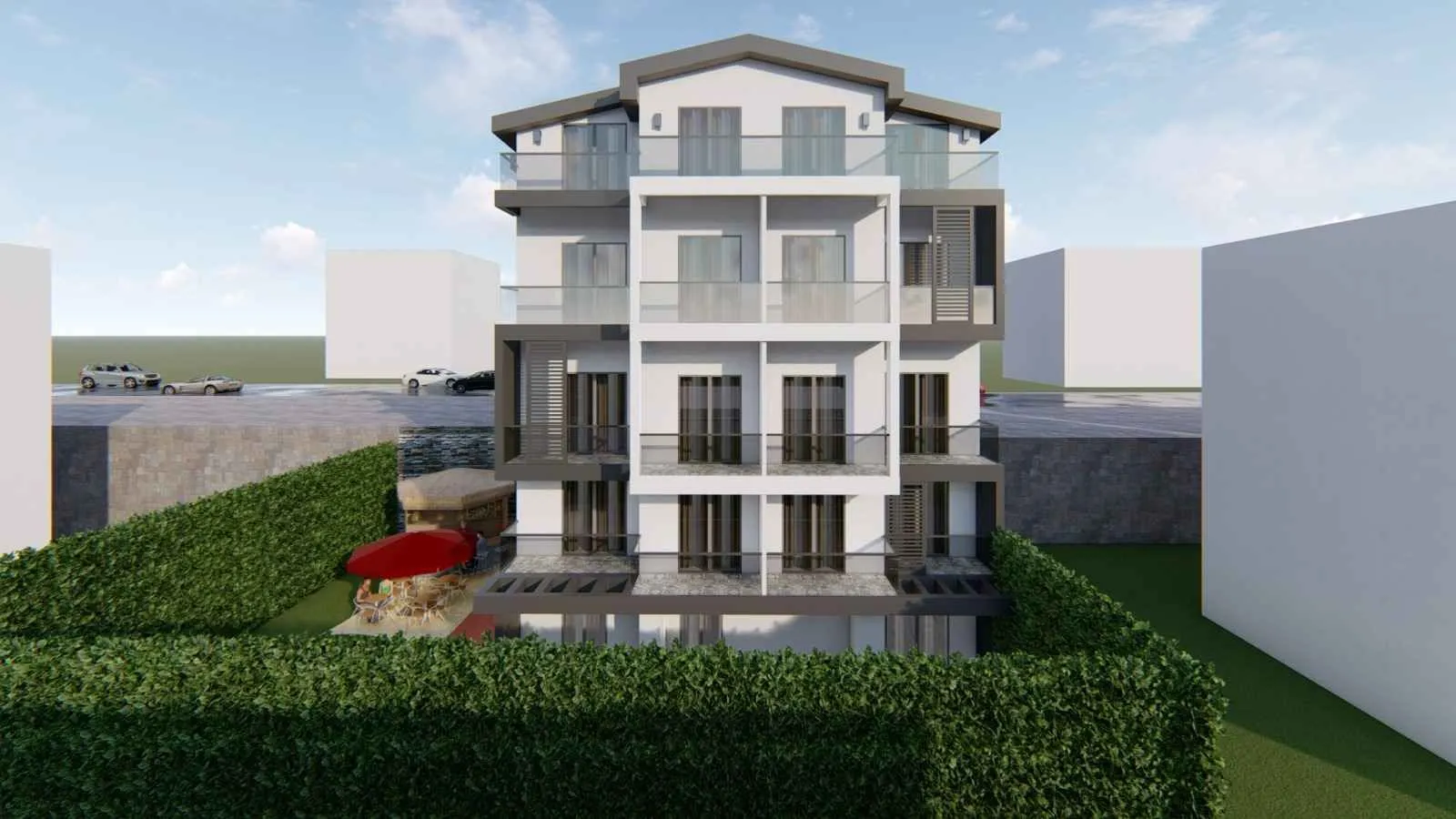 3D vizuelizacija eksterijera moderne stambene zgrade sa terasama.