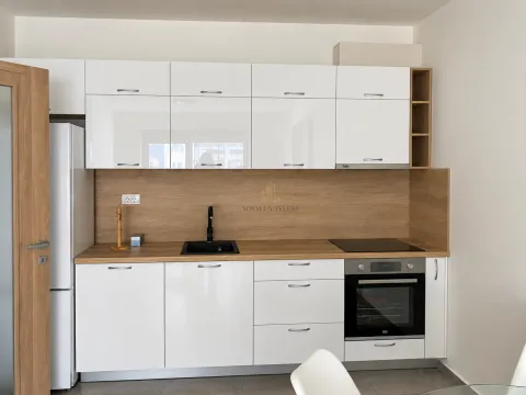 Moderna bijela kuhinja sa drvenim radnim elementima i ugradnim aparatima. - image 3
