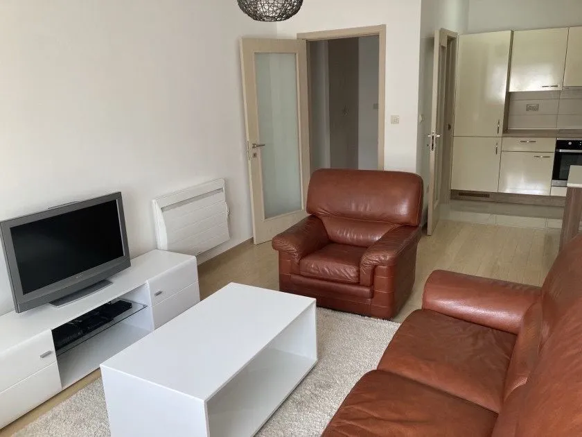 Living room with sofa, TV unit, and a view of the kitchen.
