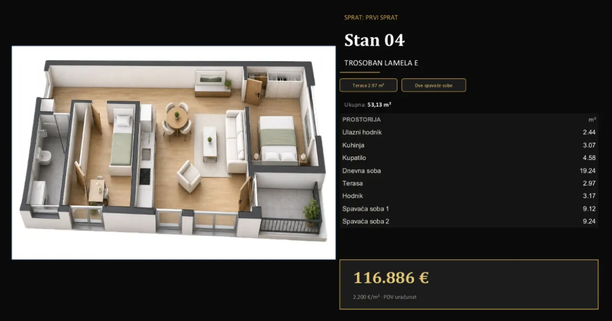 Sale, two bedroom apartment, 53m², Adice, Novi Sad Sve Podlokacije