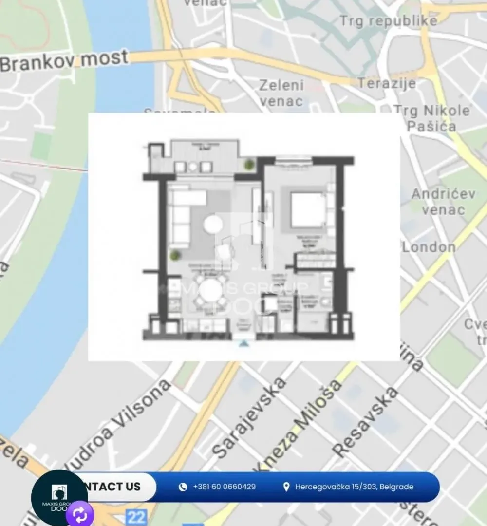 Sale, two bedroom apartment, 55m², Savski Venac, Beograd