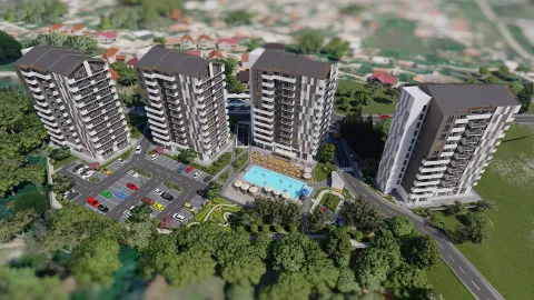 3D vizuelizacija modernog stambenog kompleksa sa bazenom i parkingom. - image 2
