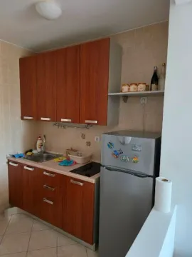 Manja kuhinja sa drvenim elementima i frižiderom. - image 4
