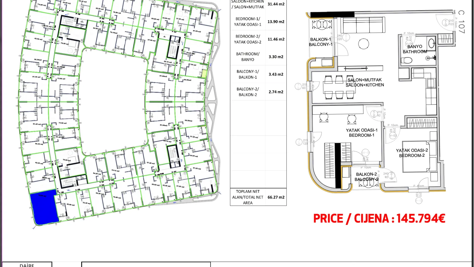 Sale, two bedroom apartment, 66m², Ilino, Bar