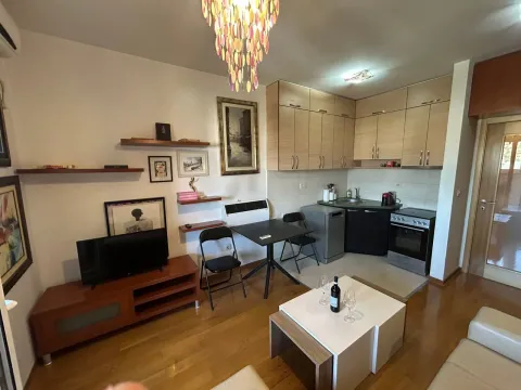 Living room with a dining table and a built-in kitchen in the corner. - image 13