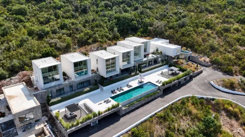 Pogled iz vazduha na kompleks modernih vila sa bazenom i šumom u pozadini. - image 2