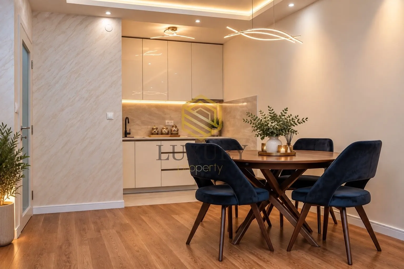 Modern kitchen with a dining area and built-in units.