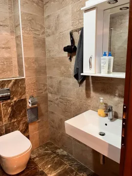 Manje kupatilo sa umivaonikom, ogledalom i toaletom obloženo keramičkim pločicama. - image 10