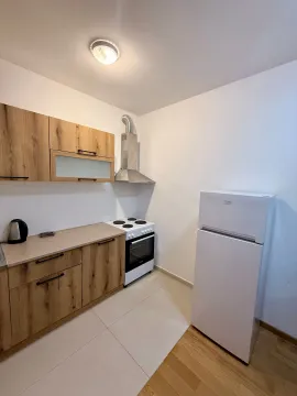 Manja kuhinja sa drvenim elementima, šporetom i frižiderom. - image 3