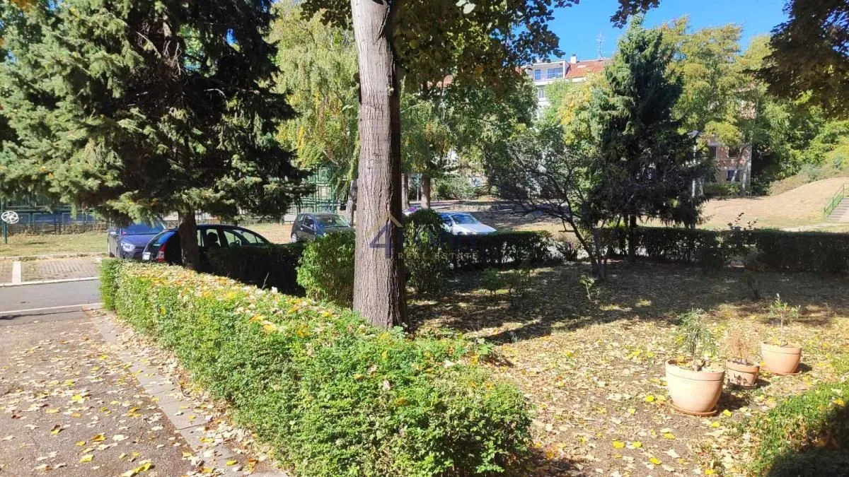 Pogled na zelenu površinu i drveće ispred zgrade.