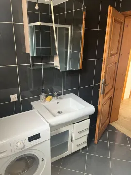Kupatilo sa umivaonikom, ogledalom, veš mašinom i tamnim pločicama. - image 3