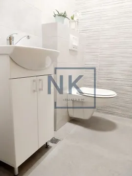 Small bathroom with a sink, cabinet, and wall-hung toilet. - image 9