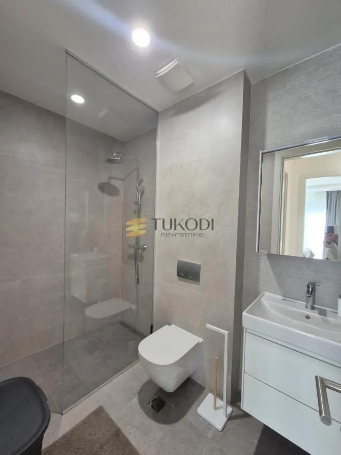 Modern bathroom with walk-in shower, wall-hung toilet, and vanity sink.