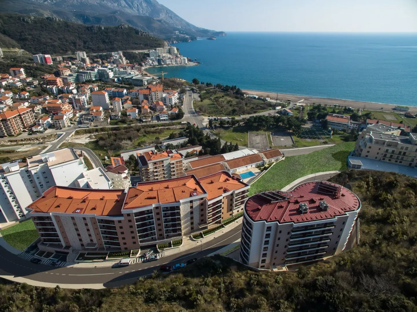 Aerial view of the residential complex and the sea coast.