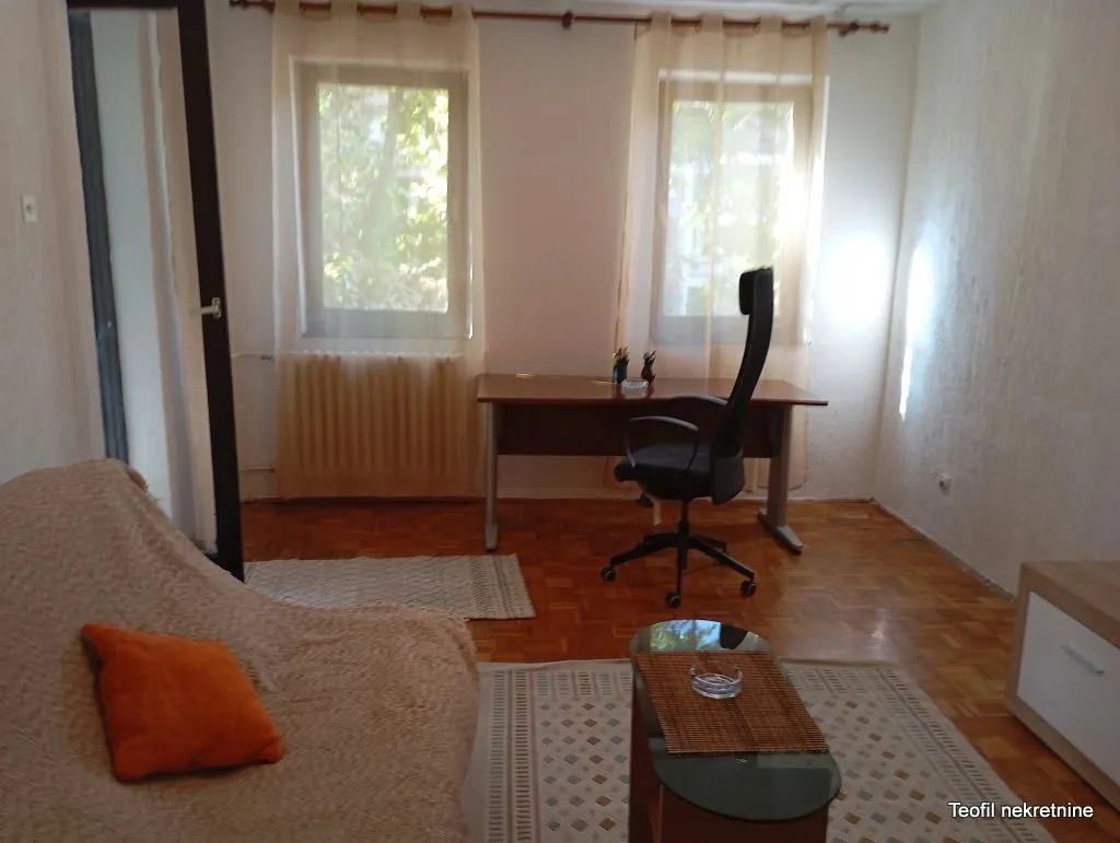 Living room with a desk and a sofa.