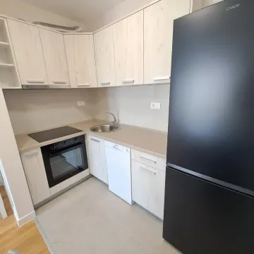 Manja kuhinja sa svijetlim elementima i crnim frižiderom. - image 3