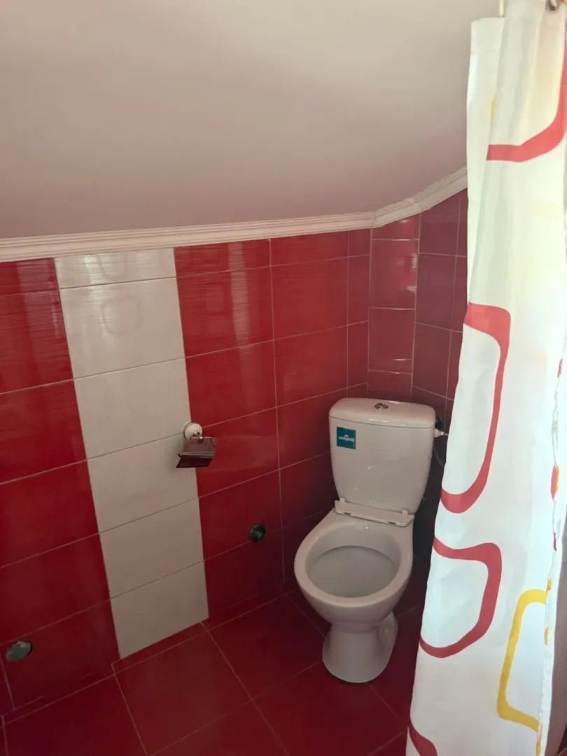 Small bathroom with red and white tiles and a toilet.