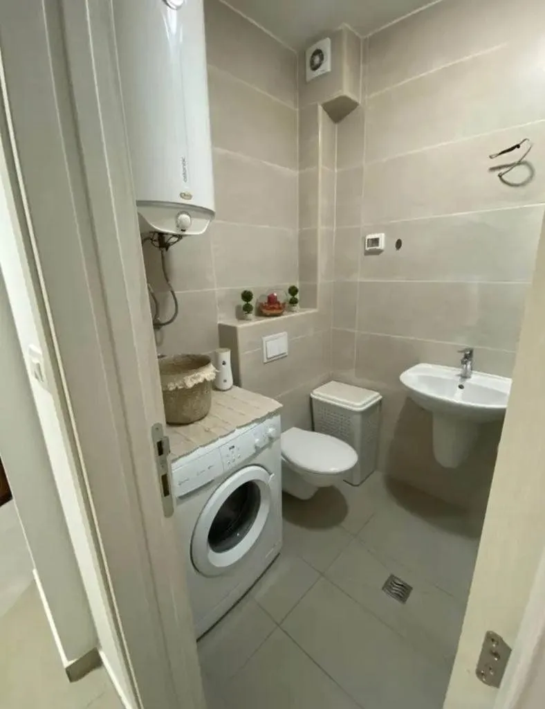 Small bathroom with a washing machine, water heater, and sanitary fixtures.