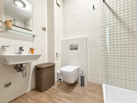 Bright modern bathroom with a sink, wall-mounted toilet, and shower enclosure. - image 6
