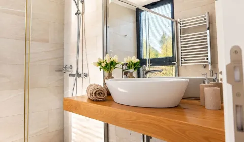 Modern bathroom with a washbasin on a wooden countertop and a shower cabin. - image 18
