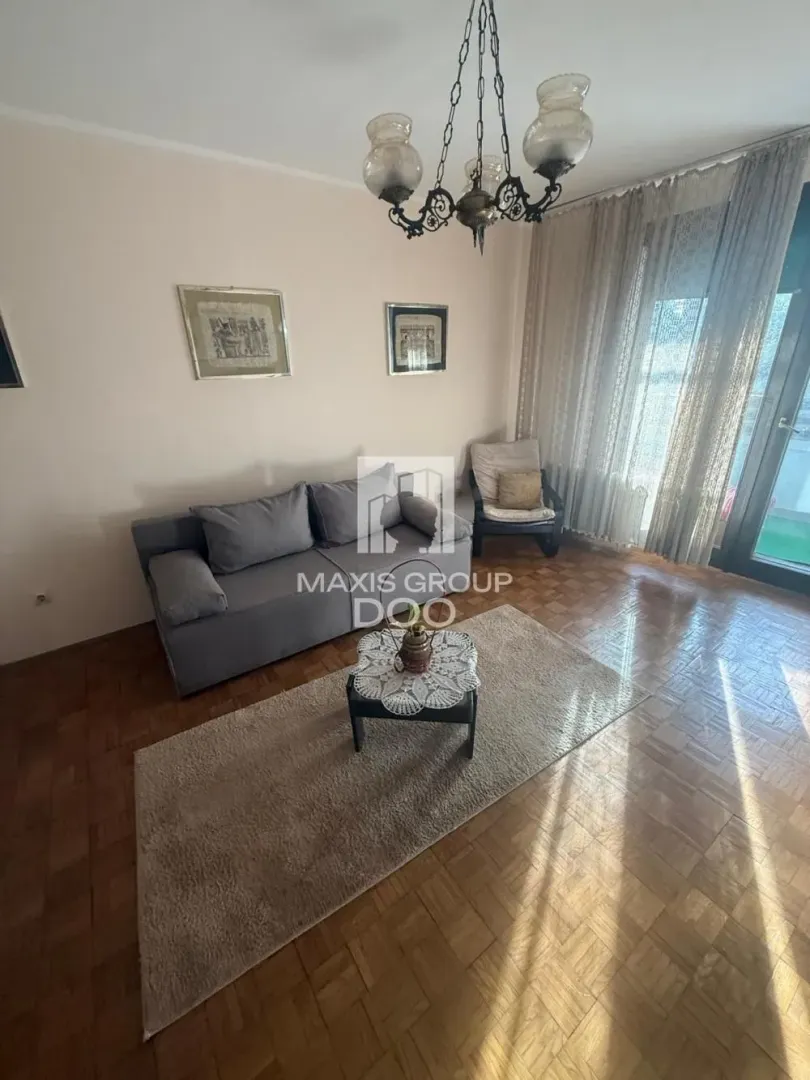 Dnevna soba sa sivom sofom, foteljom i parketom.