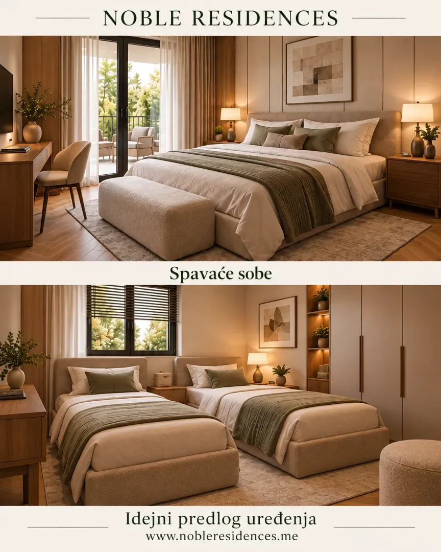 Modernly furnished bedroom with a double bed and terrace access.