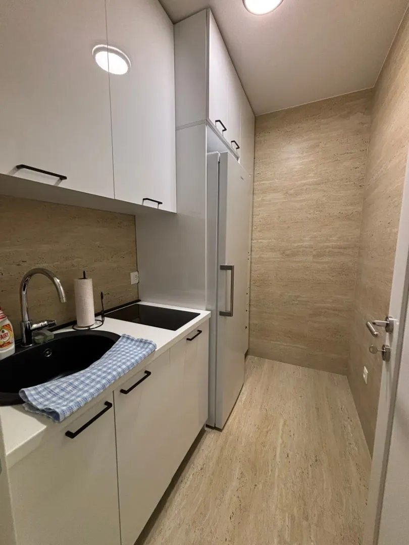 Small modern kitchen with white cabinets and a built-in refrigerator.