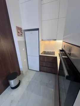 Manja moderna kuhinja sa bijelim i tamnim drvenim elementima. - image 5