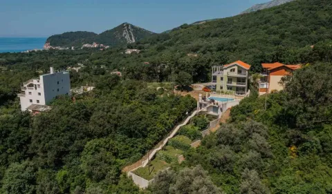 Pogled iz vazduha na vilu sa bazenom u zelenom okruženju blizu mora. - image 9