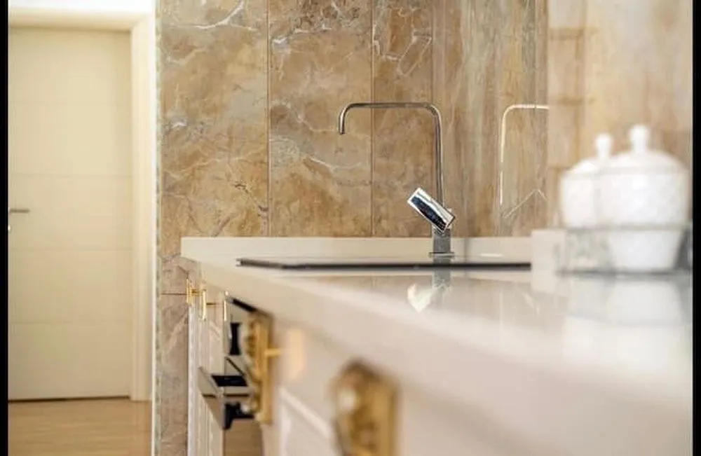 Close-up of the kitchen sink and countertop.