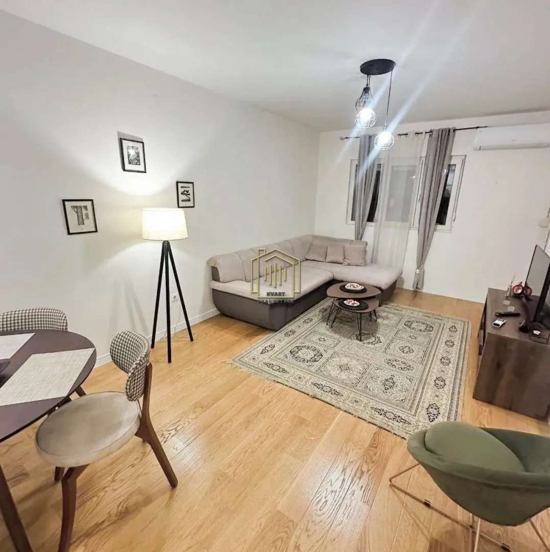 Living room with a sofa, dining table, and rug.