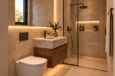 Modern bathroom equipped with a walk-in shower, washbasin, and integrated lighting. - image 13