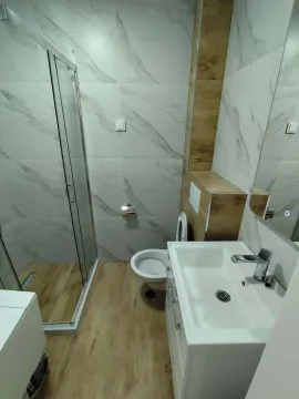 Modernly equipped bathroom with a shower cabin, washbasin, and toilet. - image 16