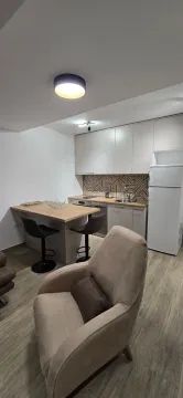 Moderna kuhinja sa šankom i trpezarijskim stolom, spojena sa dnevnim boravkom. - image 4