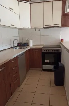 Manja kuhinja sa drvenim elementima, šporetom i sudoperom. - image 8