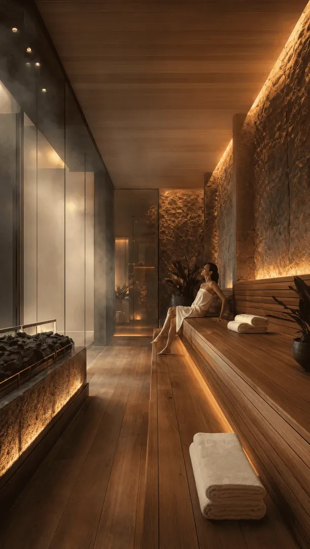 Moderna sauna obložena drvetom sa pratećom opremom.