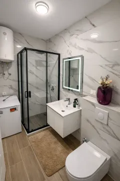 Modern bathroom equipped with a shower cabin, sink, and washing machine. - image 4